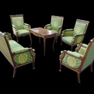 Komplet Mebli Empire w Stylu Jacoba-Desmaltera XIX w. – Mahoń, Złocone Brązy, Sfinksy (Sofa + 4 Fotele)