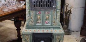 Zabytkowy secesyjny piec kaflowy Art Nouveau po renowacji zduńskiej wysokość 146 cm