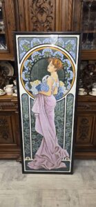 Monumentalny secesyjny panel ceramiczny inspirowany Alfonsem Muchą P. Coquet 160x60 cm