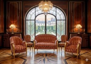 Paryski komplet salonowy Art Déco Paul Follot ok 1925 ze złoconymi nogami w formie rogów obfitości