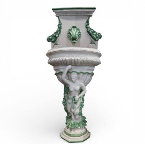 Biało-zielona włoska ceramiczna fontanna ścienna z figurą syreny wysokość 160 cm