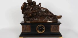 Francuski zegar kominkowy z czarnego marmuru i brązu Auguste Clésinger Barbedienne Losy